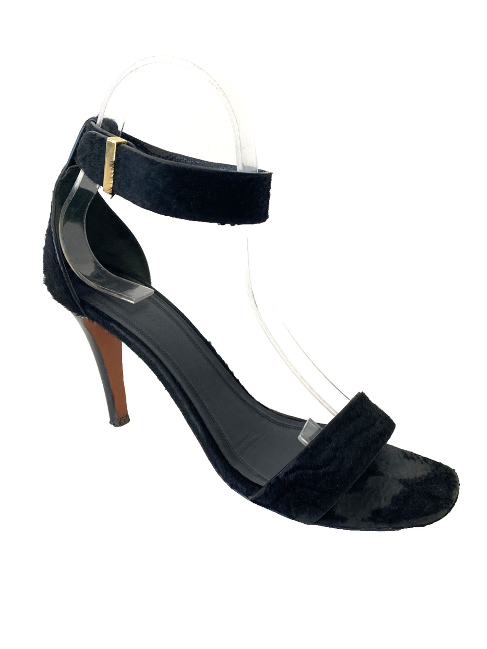 Celine Sandal Black Calf Pony Hair Fur Ankle Strap Slim Heel Open Toe 37.5